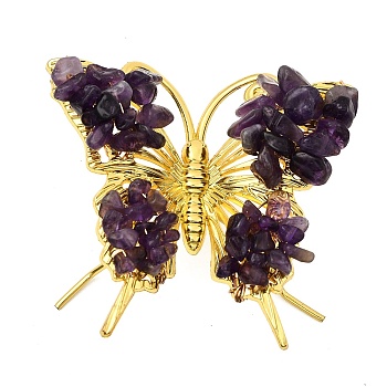 Raw Natural Amethyst Chip Mineral Specimen Display Decorations, with Butterfly Metal Holder, for Home Desktop Feng Shui Ornament, 65x75mm