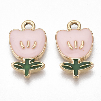 Eco-Friendly Zinc Alloy  Pendants, with Enamel, Flower, Cadmium Free & Nickel Free & Lead Free, Golden, Pink, 19.5x11.5x3mm, Hole: 2mm