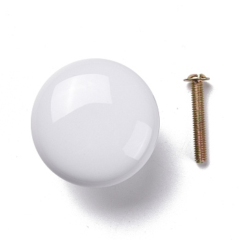 Round-shaped Porcelain Cabinet Door Knobs, Kitchen Drawer Pulls Cabinet Handles, with Iron Screws, White, 28x38mm