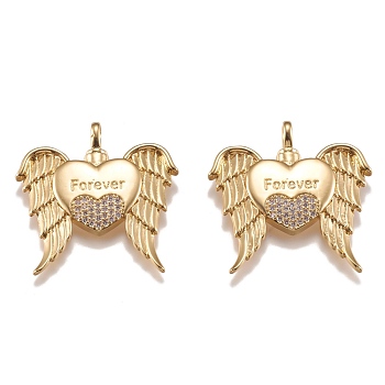 Brass Micro Pave Clear Cubic Zirconia Pendants, Long-Lasting Plated, with Jump Rings, Heart with Wings & Word Forever, Golden, 31.3x30.3x3mm, Hole: 4x2.5mm.