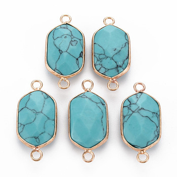 Synthetic Turquoise Link Connectors, with Golden Plated Brass Edge and Loop, Faceted, Oval, 29x13x6~7mm, Hole: 2mm