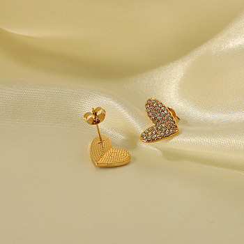 Stainless Steel Rhinestone Heart Stud Earrings for Women, Real 18K Gold Plated, 14x13.7mm