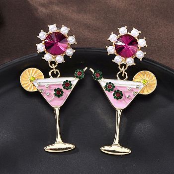 Wine Glass Zinc Alloy Enamel Stud Earrings, with Rhinestone and Plastic Imitation Pearl, 304 Stainless Steel Pins, Golden, 57x30mm