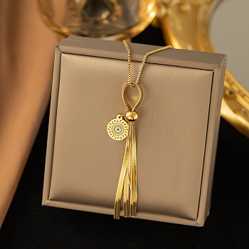 304 Stainless Steel Evil Eye & Chains Tassel Pendant Necklaces for Women, Golden, 16 inch(40.5cm)