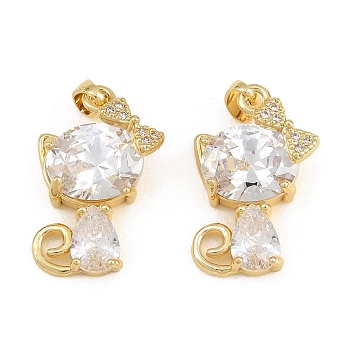 Brass Pave Clear Cubic Zirconia Pendants, Cat Shape with Bowknot Charms, Real 18K Gold Plated, 19x14x7mm, Hole: 5x2.5mm