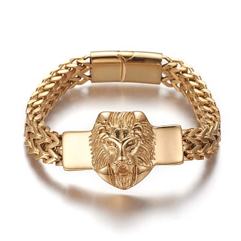 304 Stainless Steel Link Bracelets, with Magnetic Clasps, Lion Head, Golden, 8-3/8 inch(21.15cm), 11.5~27.9x5.5~15.8mm