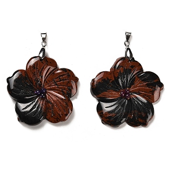 Natural Mahogany Obsidian Pendants, Flower Charms, with Platinum Plated Iron Snap on Bails, 46x47.5x7.5mm, Hole: 6x4mm