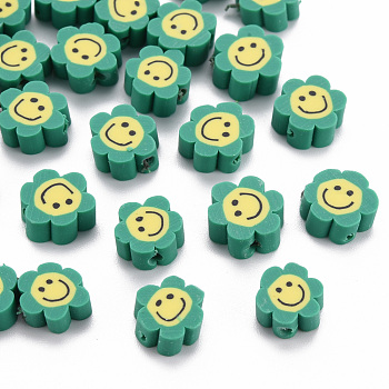 Handmade Polymer Clay Beads, Flower with Smiling Face, Medium Sea Green, 9~10x8~9x4~5mm, Hole: 1.4~1.6mm