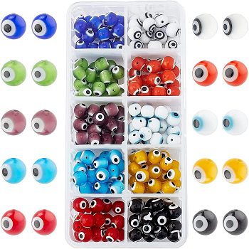 Handmade Lampwork Beads, Round with Evil Eye, Mixed Color, 8mm, Hole: 1mm, about 20pcs/color, 200pcs/box