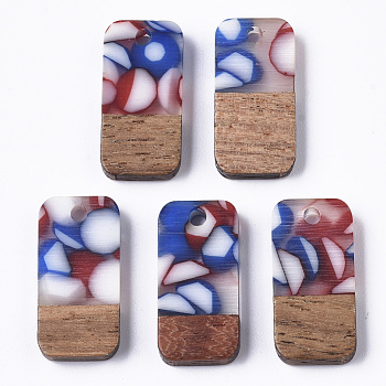 Two-tone Transparent Resin & Walnut Wood Pendants, Waxed, Rectangle, Royal Blue, 20.5x10x3~4mm, Hole: 2mm