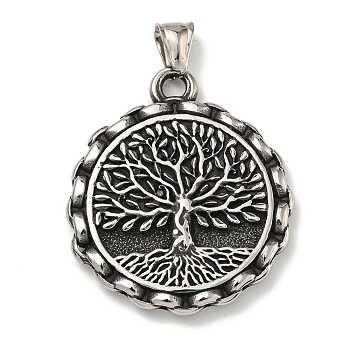 316 Surgical Stainless Steel Pendants, Flat Round, Antique Silver, Tree of Life, 44x38x5.5mm, Hole: 4x8mm