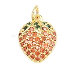 Brass Micro Pave Clear Cubic Zirconia Pendants, Strawberry Charms, Long-Lasting Plated, Rack Plating, Lead Free & Cadmium Free, Orange, Real 18K Gold Plated, 15.5x12x4.5mm, Hole: 3.5mm(KK-F938-18G)