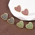 Heart Brass Micro Pave Cubic Zirconia Stud Earrings, Pave Cluster Earring, Long-Lasting Plated, Rack Plating, Lead Free & Cadmium Free, Real 18K Gold Plated, Mixed Color, 11.5x13mm(EJEW-H178-01G)