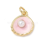 Shell Brass Charms, with ABS Plastic Imitation Pearl, Real 18K Gold Plated, Cadmium Free & Lead Free, with Jump Ring, Pink, 14.5x13x5mm, Hole: 3mm(KK-D426-17A-G)