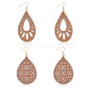 2 Pairs 2 Style Natural Wood Hollow Out Teardrop Dangle Earrings, Brass Jewelry for Women, Camel, 83.5~86.5mm, Pin: 0.6mm, 1 Pair/style(EJEW-AN0001-54)