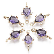 Glass Links connectors, with Brass Micro Pave Cubic Zirconia, Faceted, Teardrop, Light Gold, Blue Violet, 18x9.5x4.5mm, Hole: 1.2mm(GLAA-T021-05B-11)