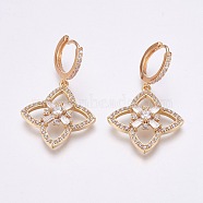 Brass Micro Pave Cubic Zirconia Dangle Hoop Earrings, with Glass Rhinestone, Clover, Clear, Golden, 41mm, Pin: 1mm(EJEW-F172-C03-G)