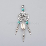 Synthetic Turquoise Alloy Woven Net/Web with Feather Pendant Decorations, with Cowrie Shell and 304 Stainless Steel Lobster Claw Clasps, Turquoise, 110mm(HJEW-JM00341)