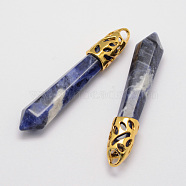 Natural Sodalite Big Pointed Pendants, with Alloy Findings, Bullet, Golden, 57~63x13x10mm, Hole: 3x4mm(G-D860-C14-G)