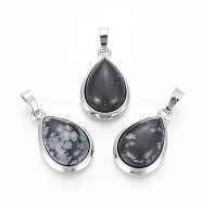 Natural Snowflake Obsidian Pendants, with Brass Findings, teardrop, Platinum, 26x16~17x8~10mm, Hole: 8x5mm(G-L512-C18)
