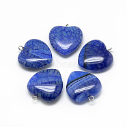 Natural Brazilian Agate Pendants, Dyed & Heated, with Iron Findings, Heart, Platinum, Royal Blue, 22x20x6mm, Hole: 1.5mm(G-S262-01A)
