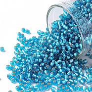 TOHO Round Seed Beads, Japanese Seed Beads, (23BF) Silver Lined Frost Dark Aquamarine, 11/0, 2.2mm, Hole: 0.8mm, about 5555pcs/50g(SEED-XTR11-0023BF)