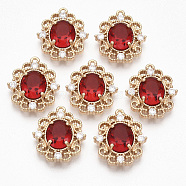 Golden Tone Brass Pendants, with Faceted Glass and Rhinestone, Oval, Red, 20x17.5x5.5mm, Hole: 1.2mm(X-GLAA-R212-05D)