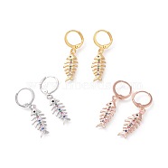 Brass Micro Pave Cubic Zirconia Dangle Hoop Earrings , Fishbone, Mixed Color, 36mm, Pin: 0.9mm(EJEW-F233-09)