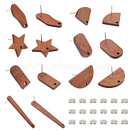 Olycraft 14 Pairs 7 Style Walnut Wood Stud Earring Findings, with Hole and 304 Stainless Steel Pin, Oval & Arch & Fan & Half Round & Star, with 30Pcs Iron Ear Nuts, Saddle Brown, 13~42.5x11~26mm, Hole: 1.8~2mm, Pin: 0.7mm, 2 Pairs/style(MAK-OC0002-02)