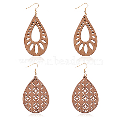 2 Pairs 2 Style Natural Wood Hollow Out Teardrop Dangle Earrings, Brass Jewelry for Women, Camel, 83.5~86.5mm, Pin: 0.6mm, 1 Pair/style(EJEW-AN0001-54)