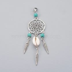 Synthetic Turquoise Alloy Woven Net/Web with Feather Pendant Decorations, with Cowrie Shell and 304 Stainless Steel Lobster Claw Clasps, Turquoise, 110mm(HJEW-JM00341)