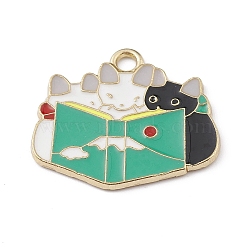 Alloy Enamel Pendants, Golden, Cat with Book Charm, Green, 23x26x1.5mm, Hole: 2.2mm(ENAM-R137-01G-04)