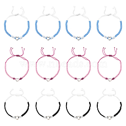 12Pcs 3 Colors Adjustable Nylon Thread Braided Bracelets for Women, with Platinum Alloy Heart Charm, Mixed Color, 0.15~0.5cm, Inner Diameter: 1-3/4 inch(4.3cm), 4pcs/color (BJEW-GO0002-05)