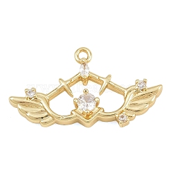 Brass Micro Pave Clear Cubic Zirconia Pendants, Wing Charms, Real 18K Gold Plated, 13x24x3.5mm, Hole: 1.2mm(CU-CBA0565-10G)