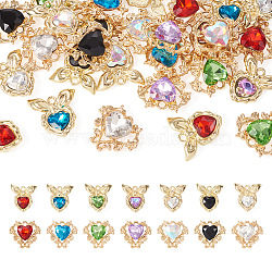 28Pcs 14 Styles Glass Rhinestone Pendants, with Golden Alloy Finding, Heart & Heart Bowknot Charms, Mixed Color, 18.5~19.5x19~21x5~6mm, Hole: 1.6~2mm, 2Pcs/style(ALRI-TA0001-17)