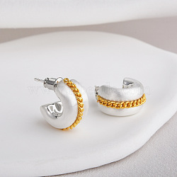 Brass C-Shaped with Chain Charm Stud Earrings, Silver, 16x9mm(EJEW-Q391-02S)