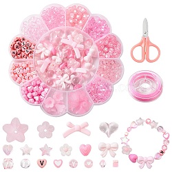 DIY Bracelet Making Kit, Including Acrylic Beads, Scissors, Bicone & Heart & Star & Flower & Bowknot, Pink, 504Pcs/box(DIY-YW0007-53)