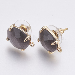 Faceted Glass Stud Earring Findings, with Loop, Light Gold Plated Brass Findings, Oval, Gray, 14x10x5mm, Hole: 1mm, Pin: 0.8mm(GLAA-F084-A05)