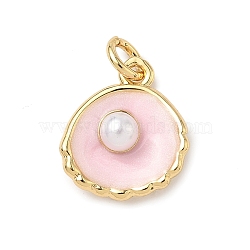 Shell Brass Charms, with ABS Plastic Imitation Pearl, Real 18K Gold Plated, Cadmium Free & Lead Free, with Jump Ring, Pink, 14.5x13x5mm, Hole: 3mm(KK-D426-17A-G)