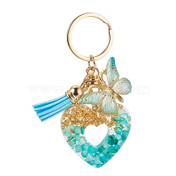 Heart with Butterfly Resin Keychains, with Zinc Alloy Findings & Lobster Claw Clasps, Light Gold, Cyan, 90~100mm(KEYC-TADJ0001-01B)