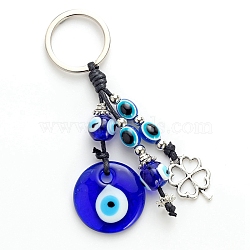 Flat Round with Evil Eye Glass Pendant Keychains, Alloy Clover Charm for Bag Car Key Decoration, Blue, 12.5cm(PW-WG19975-01)