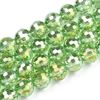 Transparent Electroplate Glass Bead Strands, AB Color Plated, Faceted(96 Facets), Round, Light Green, 8mm, Hole: 1.4mm, about 70pcs/strand, 19.88 inch~20.67 inch(50.5~52.5cm)