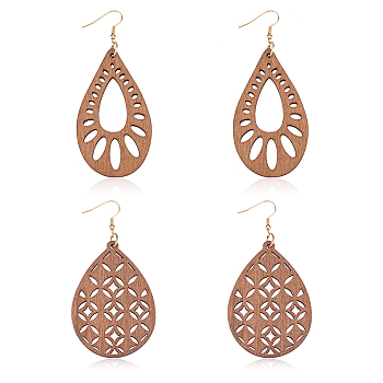 2 Pairs 2 Style Natural Wood Hollow Out Teardrop Dangle Earrings, Brass Jewelry for Women, Camel, 83.5~86.5mm, Pin: 0.6mm, 1 Pair/style