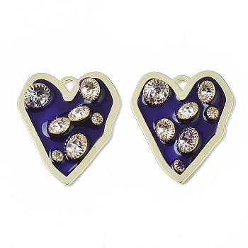 Epoxy Resin Pendants, with Crystal Rhinestone and Light Gold Plated Alloy Open Back Bezel, Heart, Blue, 40x34.5x6.5mm, Hole: 3x3mm