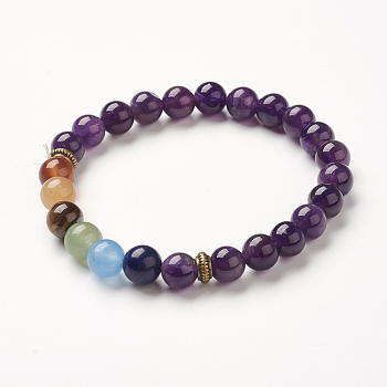 Yoga Chakra Jewelry, Natural Amethyst Beads Stretch Bracelets, 2-1/8~2-3/8 inch(55~60mm)