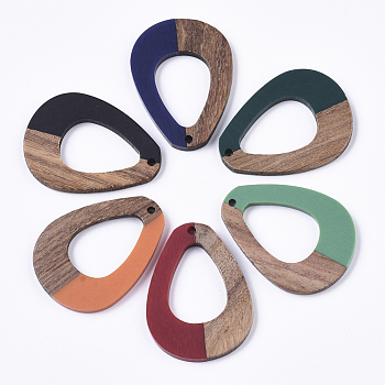 Resin & Walnut Wood Pendants, Waxed, Teardrop, Mixed Color, 38x28x3.5mm, Hole: 2mm