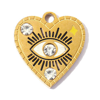 304 Stainless Steel with Enamel Charms, with Crystal Rhinestone, Ion Plating(IP), Heart with Evil Eye Charms, Hand Polished, Colorful, Real 18K Gold Plated, 14x13mm, Hole: 1.6mm