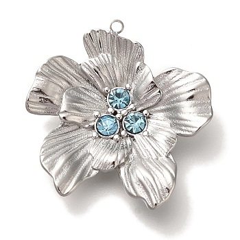 304 Stainless Steel Aquamarine Rhinestone Pendants, Flower, Stainless Steel Color, 24.5x24x4mm, Hole: 1.2mm