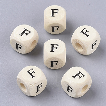 Printed Natural Wood Beads, Horizontal Hole, Cube with Initial Letter, PapayaWhip, Letter.F, 10x10x10mm, Hole: 3.5mm, about 1000pcs/500g