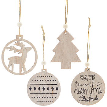 2 Sets 2 Style Christmas Theme Wood Pendants Decoration, for Christmas Tree Hanging Decorations, Flat Round & Tree & Deer, Mixed Shapes, 110~113mm, 12pcs/set, 1 set/style